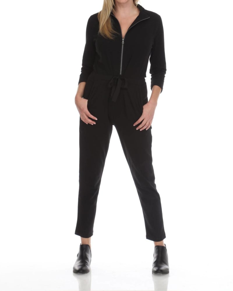 Front of a model wearing a size L City Girl Jumpsuit in Black in Black by Neon Buddha. | dia_product_style_image_id:335884
